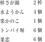 棹さが錦２棹 水ようかん４個 栗かのこ１個 トンバイ塀６個 果恋６個
